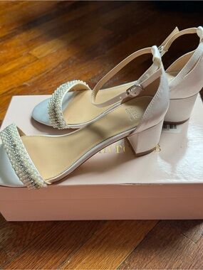 Bridal Shoes Pearl-Embellished Ankle Strap Block Heels in Ivory